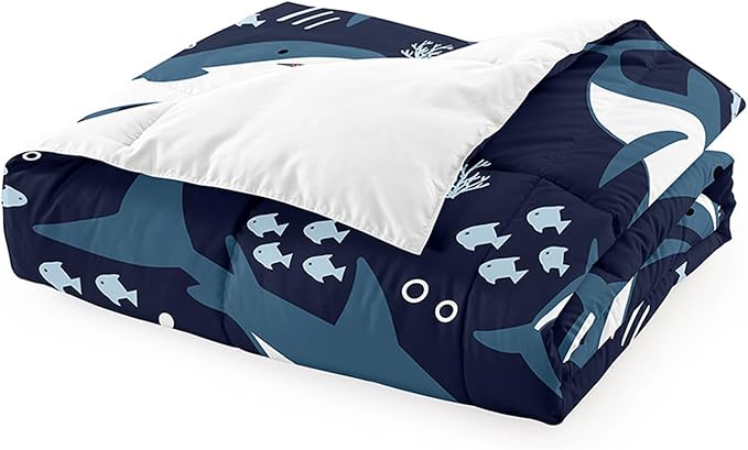 Shark Bedding Set for Boys Bedroom - 3Pcs Full Size Cartoon Sharks Comforter Set for Boys Kids Drak Blue Sea Animal Theme Bedding Set for Kids Room Decor Sharks Pattern Comforter with 2 Pillowcases