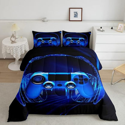 Feelyou Gamer Bedding Set Kids Video Game Gamepad Comforter Set for Boys Teens Gaming Headset Comforter Breathable Blue Game Controller Duvet Set Room Decor Quilt Set Full Size