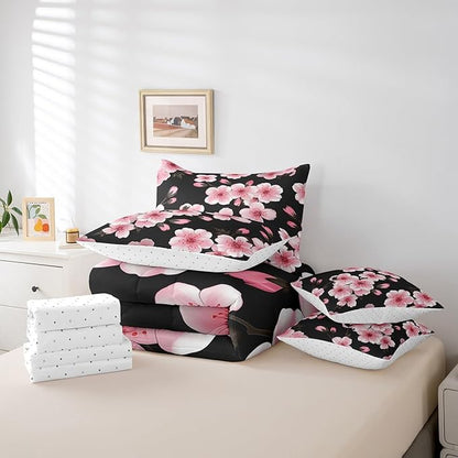 Feelyou Cherry Blossom Bed in a Bag King Size Japanese Floral 7 Piece Bedding Set for Kids Girls Teens Toddler Pink Flower Comforter Set with Sheets Romantic Bed Set