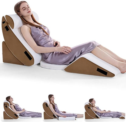 Wedge Pillow Set for After Surgery, 5 PCS Bed Wedge Pillow for Sleeping with Seat, Memory Foam Orthopedic Back Pillow for Pain Relief and Acid Reflux, Adjustable Post Surgery Pillow Brown