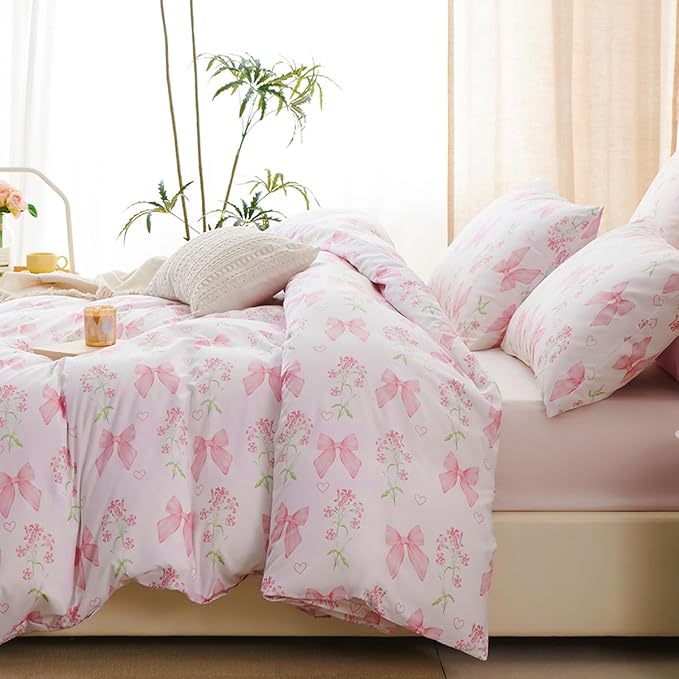 Duvet Cover King 3Pcs Pink Floral Bow Bedding Set for Girls Kids, Romantic Princess Style Bowknot Bedding, Ultra Soft Reversible Garden Flower Duvet Cover Set(2 Pillowcases,No Comforter)
