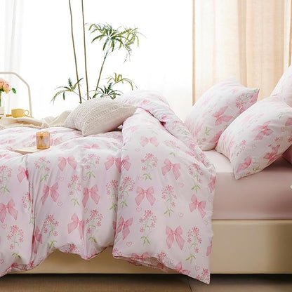 Duvet Cover Twin 2Pcs Pink Floral Bow Bedding Set for Girls Kids, Romantic Princess Style Bowknot Bedding, Ultra Soft Reversible Garden Flower Duvet Cover Set(1 Pillowcase,No Comforter)