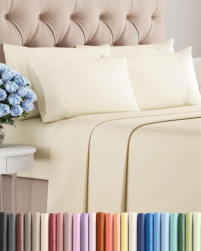 King Sheets Set 6 Piece - Includes 4 Pillowcases - Bed Sheets King Size - Soft Hotel Luxury Bedding - Cooling, Comfy, Cozy & Breathable - 1 Flat & 1 Fitted & 4 Pillowcases w/ Deep Pockets - Off White