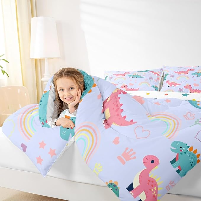 Castle Fairy Kawaii Dino Kids Comforter Set King Size,Cute Rainbow Floral Love Heart Reversible Quilted Duvet with 2 Pillowcases Blue Pink Dinosaur Lovely Animal Comforter for Boys Teens Bedroom