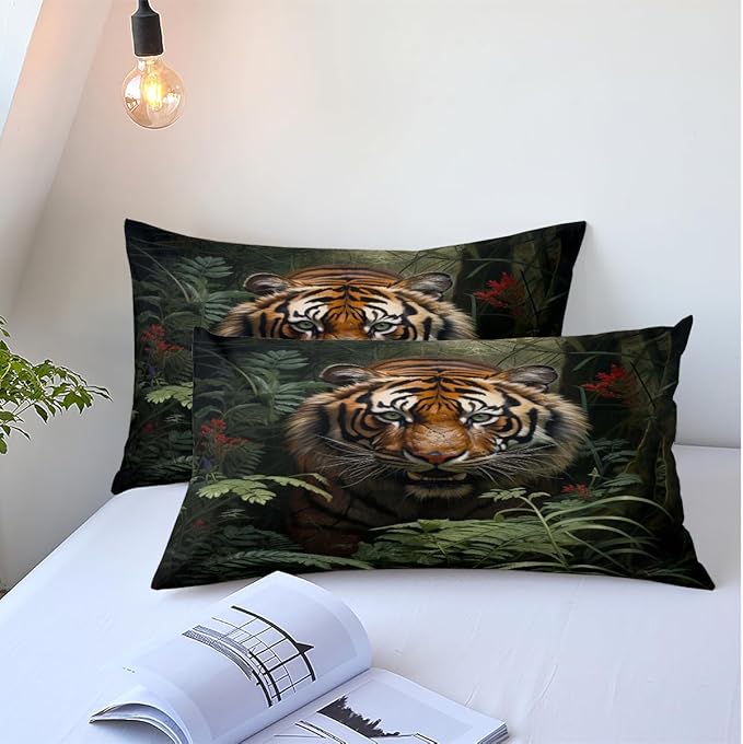 Cartoon Tiger Bed Sheets Twin Size with 1 Pillow Cases Standard Size, Fitted Flat Sheet for Kids Boys Teens Adult Bedroom Decor, Animal Bed Sheets Floral Petal Country Bedding Decor