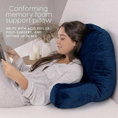 Milliard Reading Pillow with Arms, Navy Blue, Cozy Shredded Memory Foam Back Pillow for Bed Sitting Up - Sit Up Backrest Support for Reading & Rest Bed - Washable Cover, Adjustable Comfort, CertiPUR