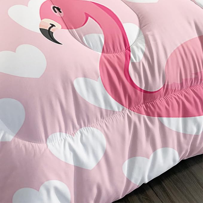 Flamingo Comforter Set Twin Size Tropical Pink Flamingo Love Heart Pattern Bedding Set Kawaii Quilted Duvet for Kids Girls Boys Adult with 1 Comforter and 2 Pillowcases