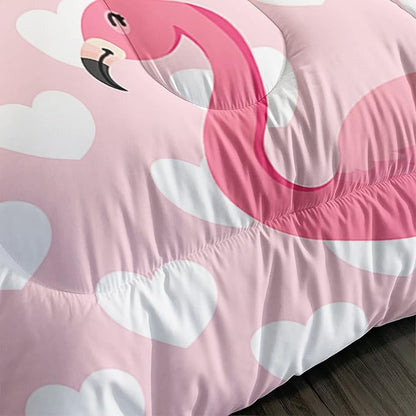 Flamingo Comforter Set Twin Size Tropical Pink Flamingo Love Heart Pattern Bedding Set Kawaii Quilted Duvet for Kids Girls Boys Adult with 1 Comforter and 2 Pillowcases