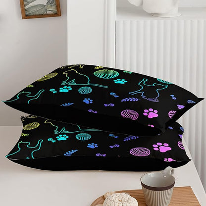 Black Cat Bedding Cartoon Cat Comforter Set Full,Neon Cat Paw Ball of Yarn Printed Kids Bedding for Cat Lover Boys Girls Adults Room Decor,Kids Comforter,1 Quilt 2 Pillow Cases,Neon Color Purple Blue