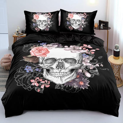 Classic Skull and Roses Duvet Cover Set Twin Size Gothic Skull Bedding Set Skeleton Bones Comforter Cover for Kids Adults Women Room Decor