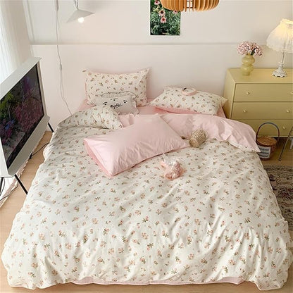 Pink Floral Duvet Cover Queen Size Romantic Flower Green Botanical Bedding Set 3Pcs Kids Girls Spring Garden Aesthetic Flowers Soft Breathable Microfiber Comforter Cover with 2 Pillowcases