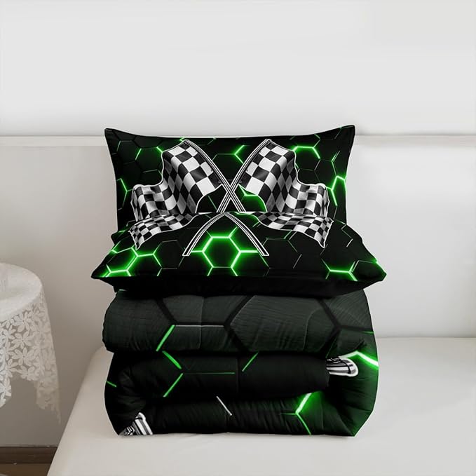 Black White Checkered Flag Bedding Sets Queen Size,Neon Green Light Honeycomb Hexagon Comforter Set 3pcs for Kids Boys Teens Men Cool 3D Black Quilted Duvet Race Car Duvet Insert Bedroom Decor