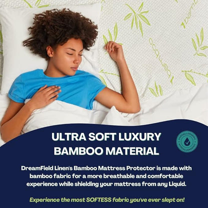 Bamboo Mattress Protector with Zipper - 100% Waterproof Queen Size Cooling Mattress Cover - Ultra Soft Jacquard Fabric Breathable Noiseless Mattress Pad Covers - Zippered Mattress Encasement