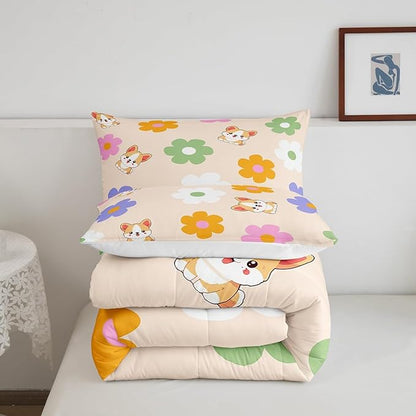 Colorful Daisy Comforter Set Twin Size 2 Pcs Cute Dog Corgi Cartoon Pet Animal Bedding Set for Kids Boys Girls Teens Watercolor Hippie Flowers Rustic Style Microfiber Duvet Set with 1 Pillowcase