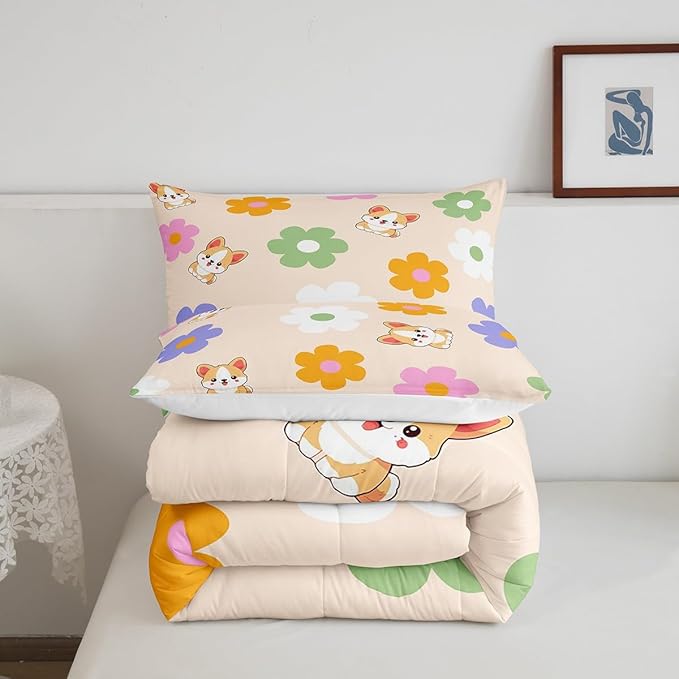 Colorful Daisy Comforter Set Full Size 3 Pcs Cute Dog Corgi Cartoon Pet Animal Bedding Set for Kids Boys Girls Teens Watercolor Hippie Flowers Rustic Style Microfiber Duvet Set with 2 Pillowcases