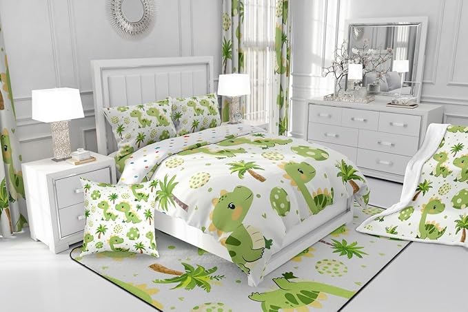 jejeloiu Cute Dinosaur Comforter Set All Season Cartoon Green Dinosaur Bedding Set with 2 Pillow Cases Animal Egg Microfiber Kids Full Bedclothes Coconut Tree Bedroom Decor Duvet Quilt Soft