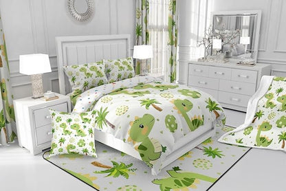 jejeloiu Cute Dinosaur Comforter Set All Season Cartoon Green Dinosaur Bedding Set with 2 Pillow Cases Animal Egg Microfiber Kids King Bedclothes Coconut Tree Bedroom Decor Duvet Quilt Soft