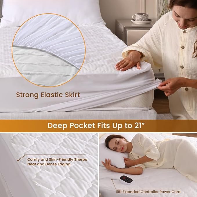 Bearhug Electric Heated Mattress Pads Full Size 54”×75” Waterproof Bed Warmer 21” Deep Pocket 10 Heat Levels 10 Heat Settings 12-Hour Timer Machine Washable White