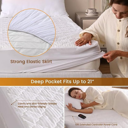 Bearhug Electric Heated Mattress Pads Full Size 54”×75” Waterproof Bed Warmer 21” Deep Pocket 10 Heat Levels 10 Heat Settings 12-Hour Timer Machine Washable White