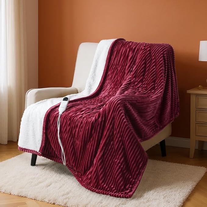 Bedsure GentleSoft Heated Blanket Throw - Soft Ribbed Flannel Electric Blanket, Heating with 4 Time Settings, 6 Heat Settings, and 3 hrs Timer Auto Shut Off, Gifts for Grandma (50x60 inches, Burgundy)