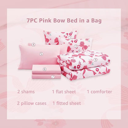 Full Size Comforter Set for Girls, Pink Bow Bedding Set with Cute Floral, All Season Kids Bed in a Bag 7 Pieces with Sheets, Pillowcases & Shams