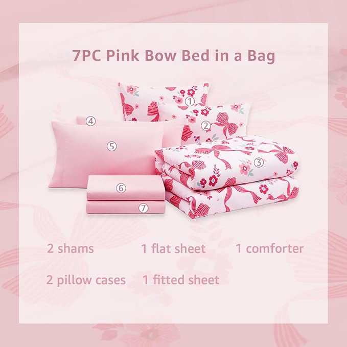 Queen Comforter Set for Girls, Pink Bow Bedding Set with Cute Floral, All Season Kids Bed in a Bag 7 Pieces with Sheets, Pillowcases & Shams