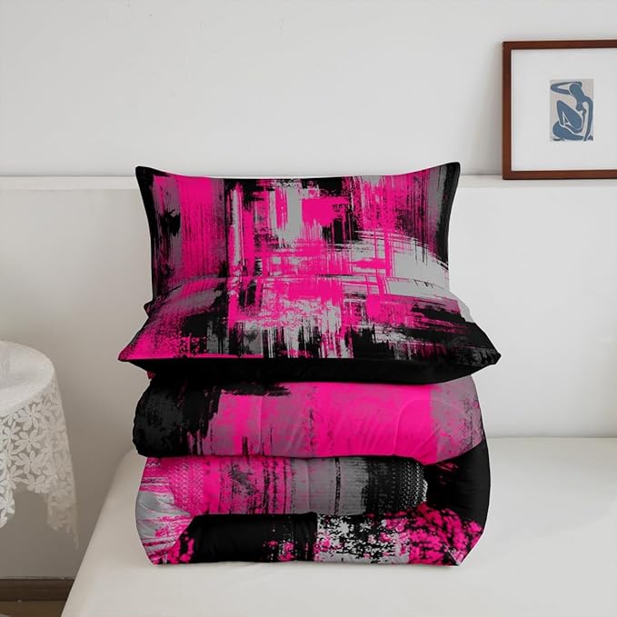 Feelyou Hot Pink Grey Black Abstract Duvet Quilt King Size Geometric Bedding Set for Kids Boys Girls Decor Modern Comforter Set Breathable Soft Microfiber Buffalo Check Bedroom Decor Bedclothes