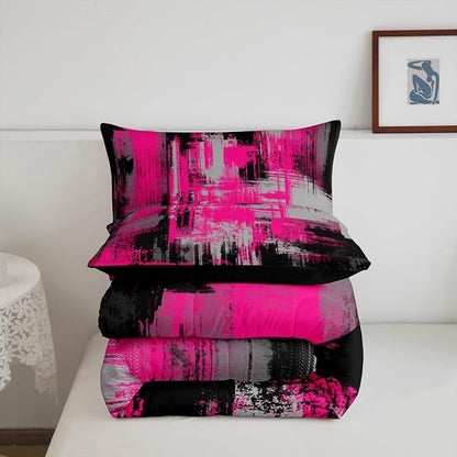 Feelyou Hot Pink Grey Black Abstract Duvet Quilt King Size Geometric Bedding Set for Kids Boys Girls Decor Modern Comforter Set Breathable Soft Microfiber Buffalo Check Bedroom Decor Bedclothes