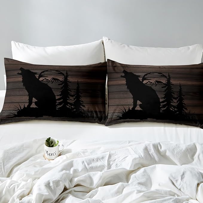 Feelyou Cute Wolf Comforter Set for Girls Kids Wolves Howling Bedding Set Room DecorAnimal Wolves Tree Wood Grain Bedding Set Brown Black Duvet Set 3Pcs with 2 Pillow Case Queen Size Boys
