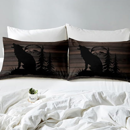 Feelyou Cute Wolf Comforter Set for Girls Kids Wolves Howling Bedding Set Room DecorAnimal Wolves Tree Wood Grain Bedding Set Brown Black Duvet Set 3Pcs with 2 Pillow Case Queen Size Boys