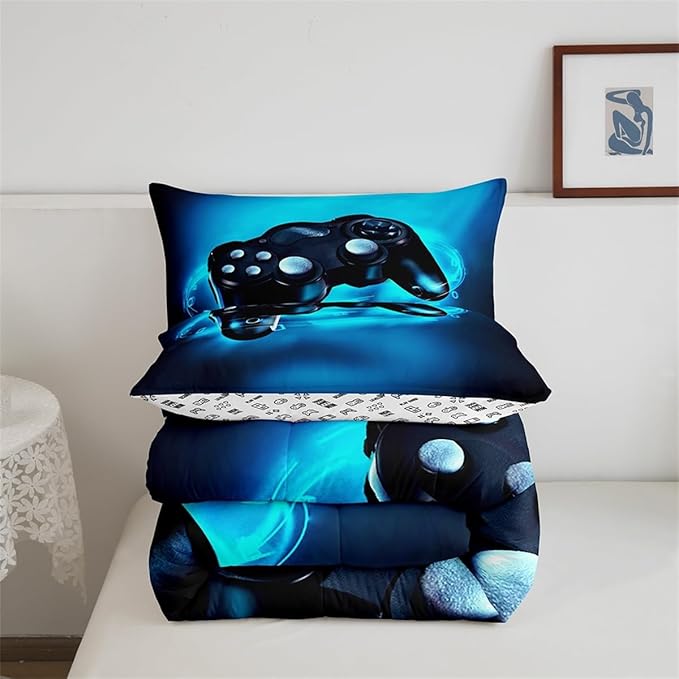 Feelyou Gamer Bedding Set for Boys Toddler Size Comforter Set Kids Gaming Comforter Blue Gamer Room Decor Video Game Gamepad Bed Set Teens Teenage Bedding Soft Warm 1 Comforter with 1 Pillowcases
