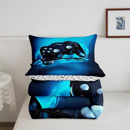 Feelyou Queen Size Gaming Comforter Set for Boys Gamer Bedding Set for Teens Kids Gamer Room Decor Blue Video Games Comforter Duvet Set Gamepad Quilted All Season 1 Comforter with 2 Pillow Cases