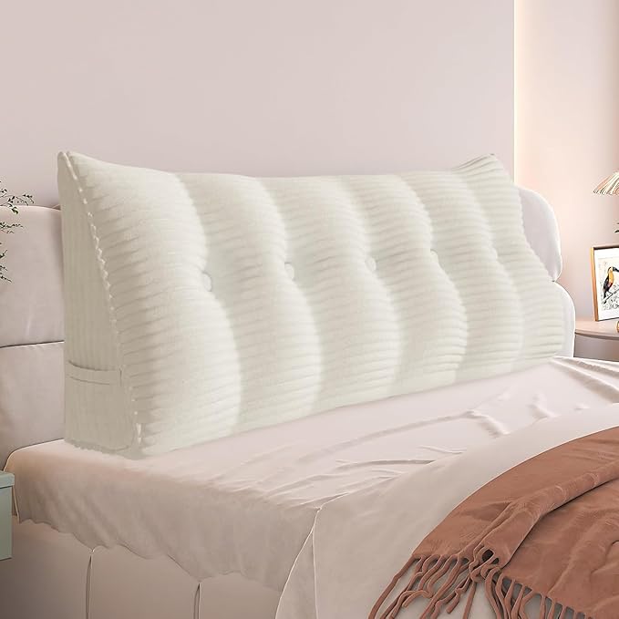 Daneey Headboard Wedge Pillow Bed Wedge Pillow for Headboard Bolster Reading Pillow for Bed Back Pillow for Sitting in Bed Wedge Pillow Headboard with Removable Cordury Cover (White, Queen)