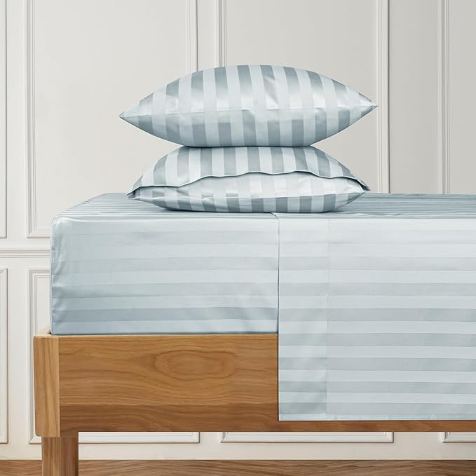 URBANHUT 1000 Thread Count Damask Striped King Sheet Set Egyptian Cotton, Long Staple Soft & Breathable, 4 Pc Bed Sheet Sets, Luxury Hotel Sateen Sheets Fits 16" Deep Pocket - Light Blue
