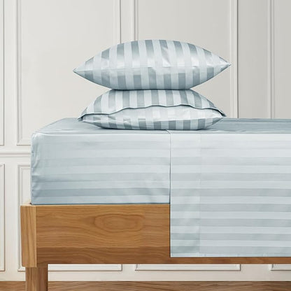 URBANHUT 1000 Thread Count Damask Striped Full Sheet Set Egyptian Cotton, Long Staple Soft & Breathable, 4 Pc Bed Sheet Sets, Luxury Hotel Sateen Sheets Fits 16" Deep Pocket - Light Blue