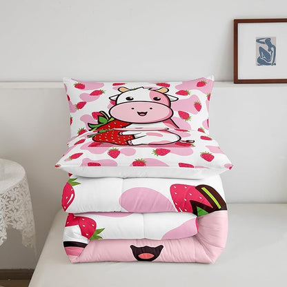Feelyou Milk Cow Comforter Pink White Cow Strawberry Pattern Comforter Set Bedding Set for Kids Adults Kawaii Girls Milk Cow Print Duvet Set Ultra Soft Room Decor Toddler Size Quilt Set
