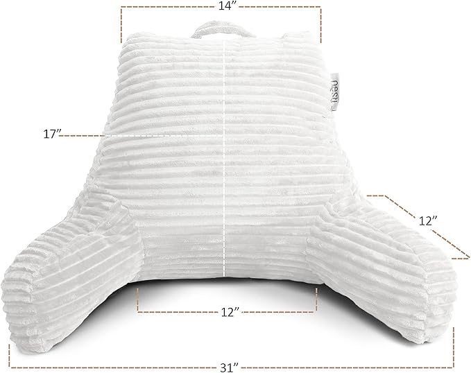 Nestl Reading Pillow with Shredded Memory Foam, Luxe Cut Plush Back Pillow for Sitting Up in Bed, Back and Arms Adjustable Support for Adult & Teens, Backrest Pillows with Washable Cover White