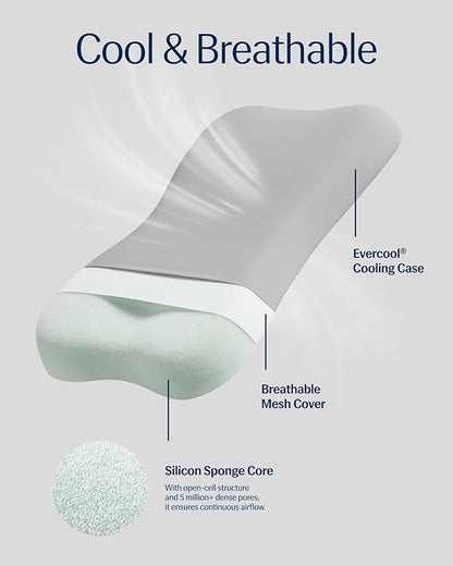 REST® Evercool® Cooling Pillow, Set of 2, Instant Cool-to-Touch Shell Fabric & Breathable Silicone Sponge Core for All-Night Temperature Regulation & Ergonomic Support, Low Height, Light Gray