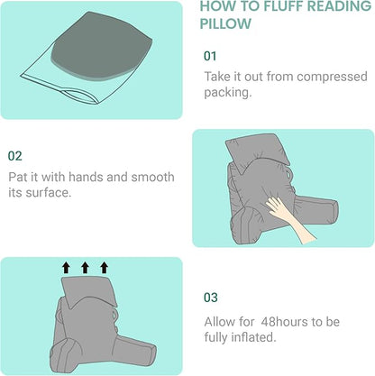 Portable Reading Pillows with Headrest for Bed Sitting Up(Lake Blue Oeko-Tex), Velvet Back Pillow with Arms & Pockets for Adults, Support Memory Foam Bed Pillow for Dorm/Watching/Gaming