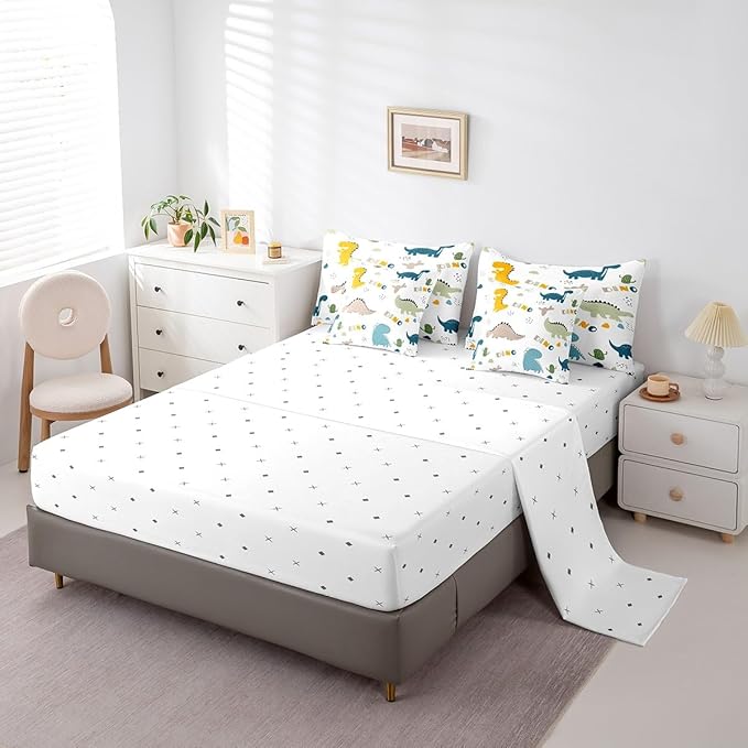 Feelyou Cute Dinosaur Comforter Set with Sheets 7 Piece Twin Size Cartoon Cactus Bedding Set Decor Jungle Dino Boho Succulent Bed in a Bag Wild Animal Pattern Yellow Grey Bed Set Bedroom