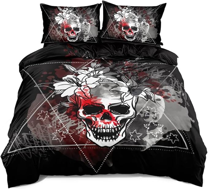 HoliJog Gothic Skull Print Duvet Cover Set - Twin Skeleton Comforter Covers for Dark Bedroom Decor