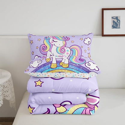 Feelyou Unicorn Bedding Queen Bed Sets for Girls Light Purple Cute Unicorn Comforter for Girls Comforter Set Star Print Kawaii Duvet Quilt Bedroom Decor Rainbow Bedding Cartoon Quilt,All Season