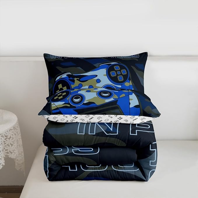 Boys Girls Gamepad Comforter Set Queen Size Teens Gamer Bedding Set Retro Blue Camouflage Video Game Controller Comforter For Kids Youth Bedroom Decor Gamer Console Action Buttons Duvet Set Microfiber