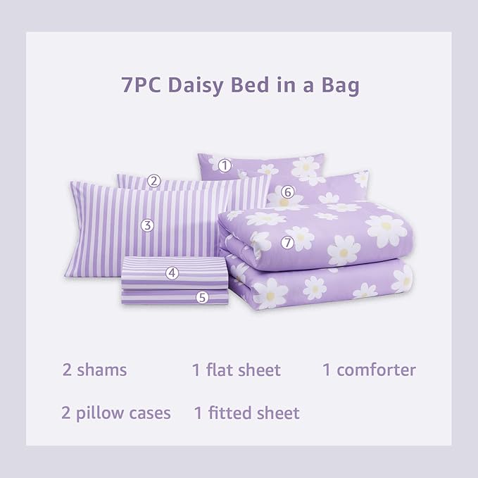 Queen Comforter Sets for Girls, Purple Daisy Kids Bedding Set Reversible with Cute Floral, All Season Bed in a Bag 7 Pieces with Sheets, Pillowcases & Shams