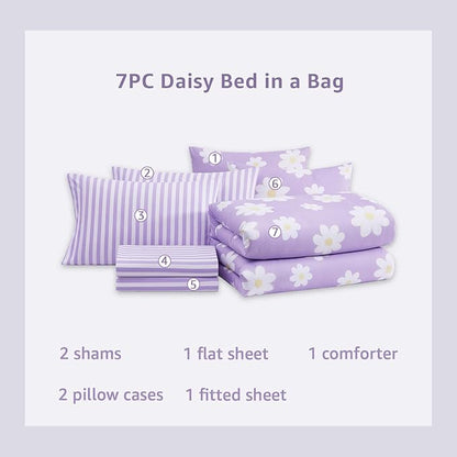 Queen Comforter Sets for Girls, Purple Daisy Kids Bedding Set Reversible with Cute Floral, All Season Bed in a Bag 7 Pieces with Sheets, Pillowcases & Shams