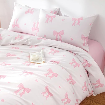 Bow Bedding Duvet Cover Twin 2Pcs Pink Heart Bedding Set for Girls Kids,Cute Princess Style Bowknot Love Heart Design,Ultra Soft Comforter Cover with 1 Pillowcase(No Comforter)