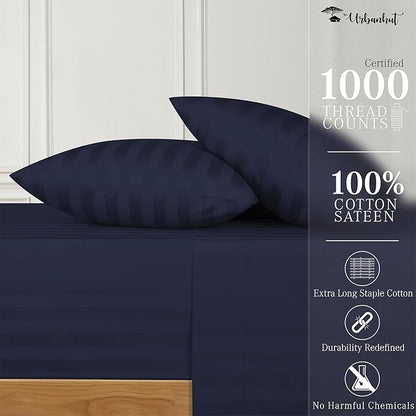 URBANHUT 1000 Thread Count Damask California King Sheet Set Egyptian Cotton Sheets, Long Staple Soft & Breathable, 4 Pc Bed Sheet Sets, Luxury Hotel Sateen Sheets Fits 16" Deep Pocket - Navy Blue