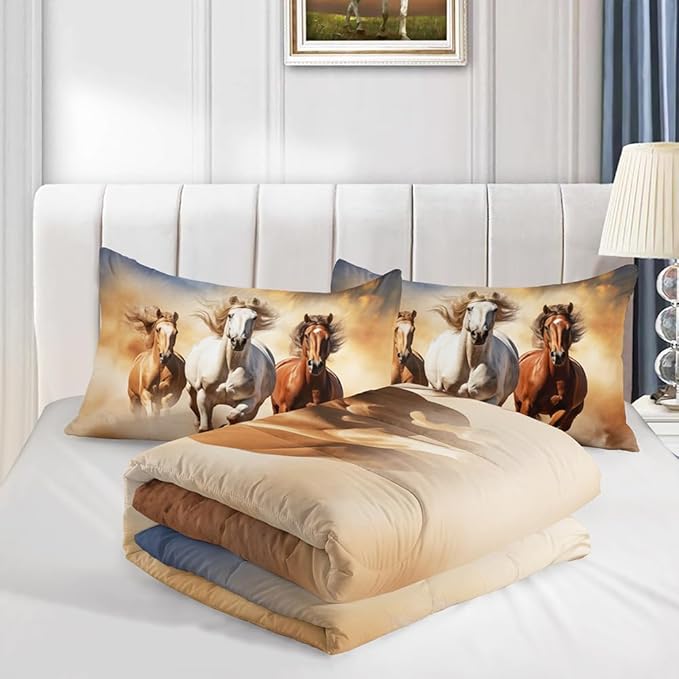 Kid Galloping Horse Comforter Set Queen Animal Theme Handsome Horse Bedding Set Wild Animal Grey Sky Sand Decor Quilt Bed Set for Boys Girls Adult, 1 Comforter + 2 Pillowcases