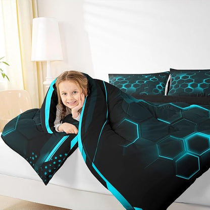 Geometric Honeycomb Hexagon Bedding Set Twin Size Neon Black Blue Comforter Set for Kids Boys Teens Room Decor Video Games Quilted Duvet Modern Fashion Duvet Insert 2pcs with 1 Pillowcase