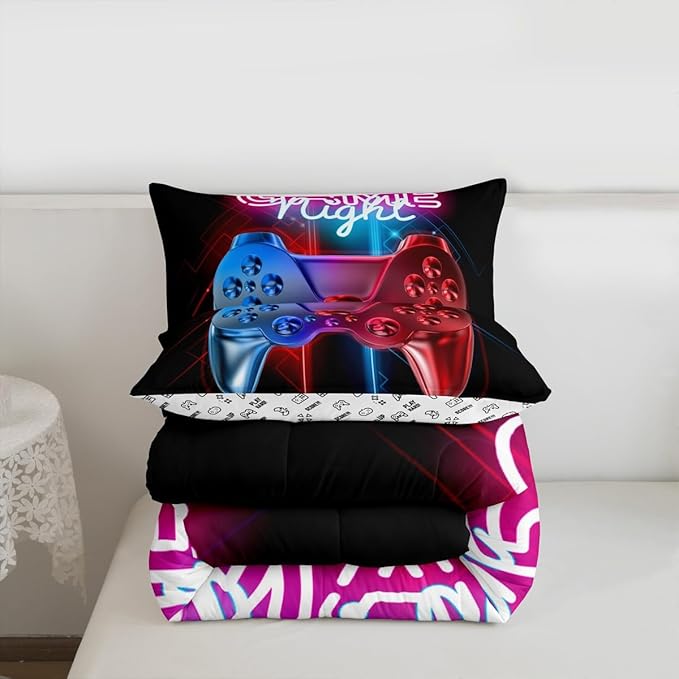 Boys Gaming Comforter Set Full Size Teens Gamer Bedding Set Modern Blue Red Video Game Controller Comforter for Kids Children Youth Bedroom Decor Multi-Color Gamer Console Action Buttons Duvet Set